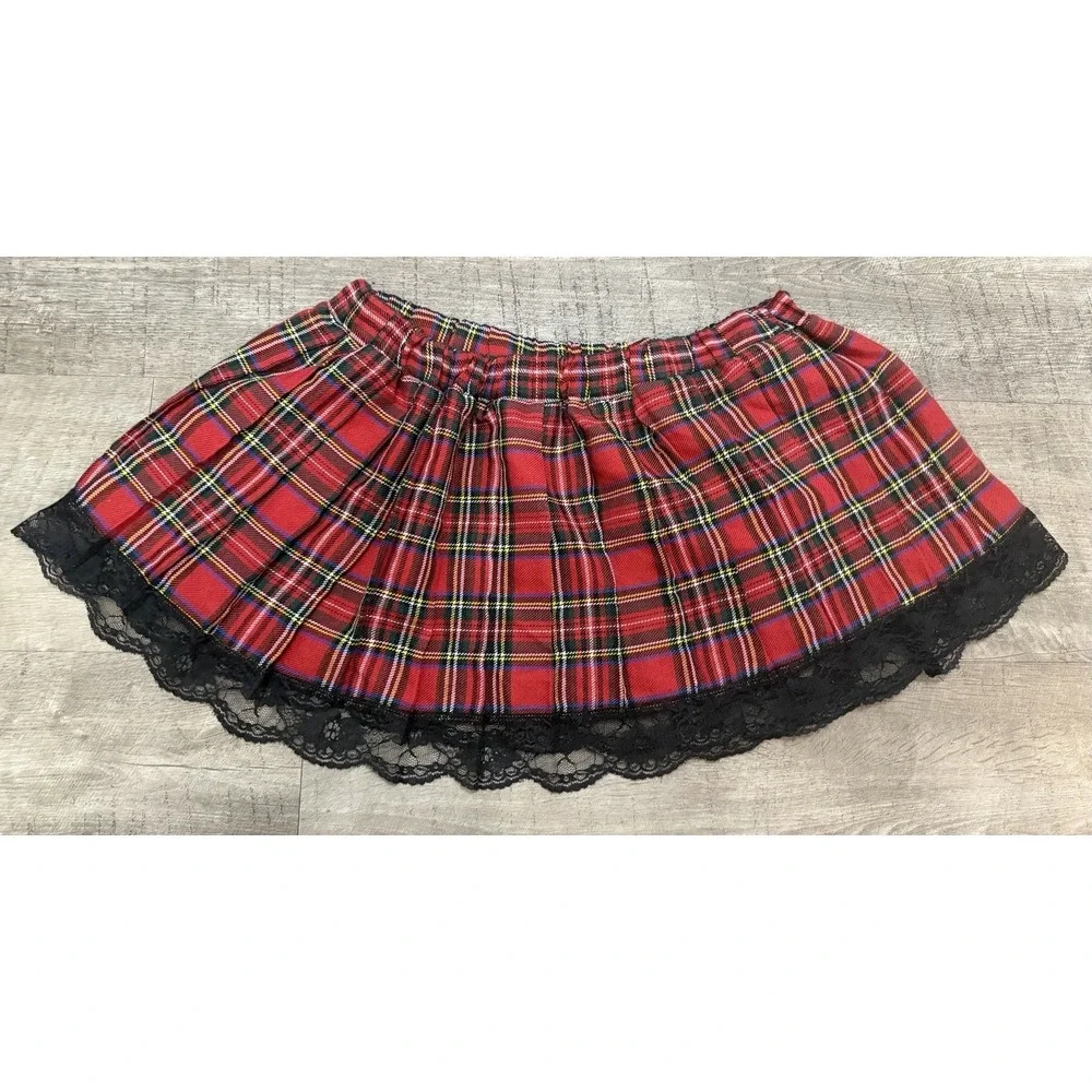 Y2K Womens Lingerie Red Black Plaid Lace Mini Skirt Grunge